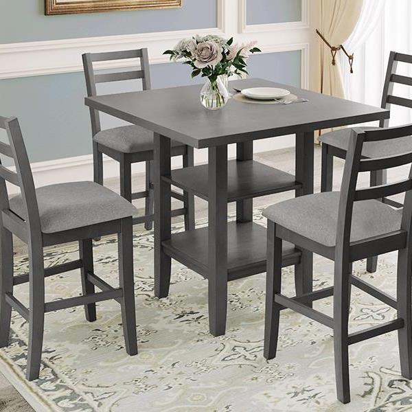 5-Piece Wooden Counter Height Dining Set with Padded Chairs and Storage Shelving (Gray)