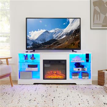 TV Stand Electric Fireplace TV Stand with Glass Shelves, 3D Fireplace TV Stand with LED Lights Wood with USB Charging Outlet Modern Television Table Center for TV up to 32-62\\" White 58\\'\\'W*15.5\\'\\'D*24.4