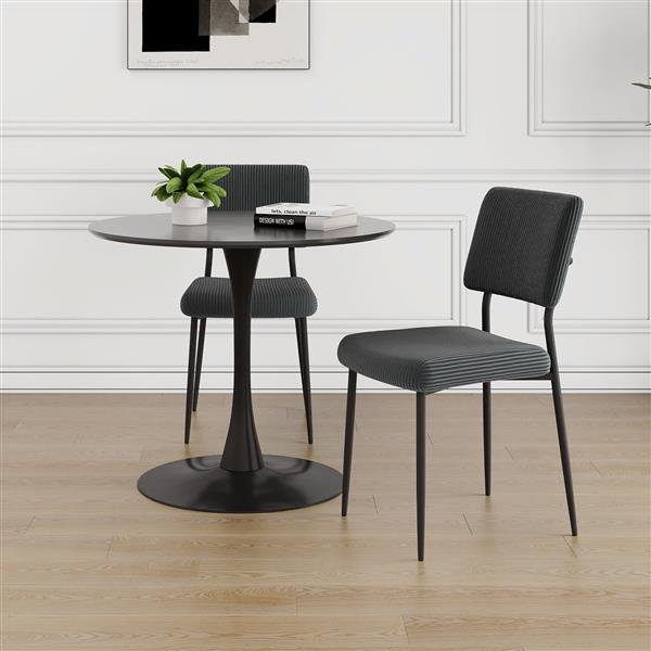 Modern grey simple velvet dining chair fabric upholstered chair Family bedroom stool back dressing, black round table set, chair black metal legs (set of 3)