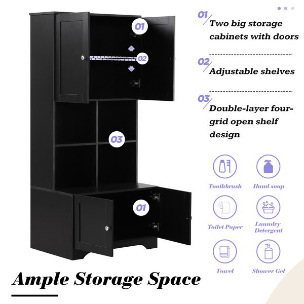 Tall and Wide Bathroom Floor Storage Cabinet, Bathroom Storage Unit, Freestanding Cabinet with 4 Doors, Adjustable Shelves, Open multi-layer Shelves, Black 