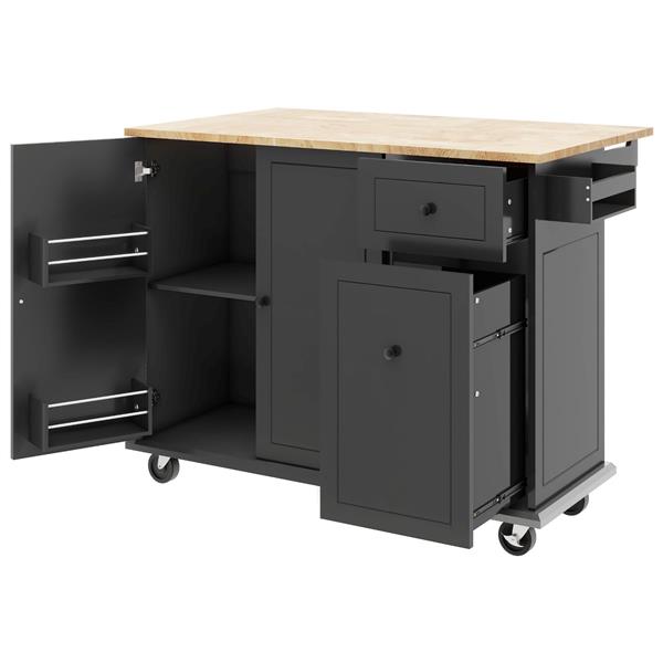 Kitchen Island with Drop Leaf, 53.9" Width Rolling Kitchen Cart on Wheels with Internal Storage Rack and 3 Tier Pull Out Cabinet Organizer, Kitchen Storage Cart with Spice Rack, Towel Rack (Black)