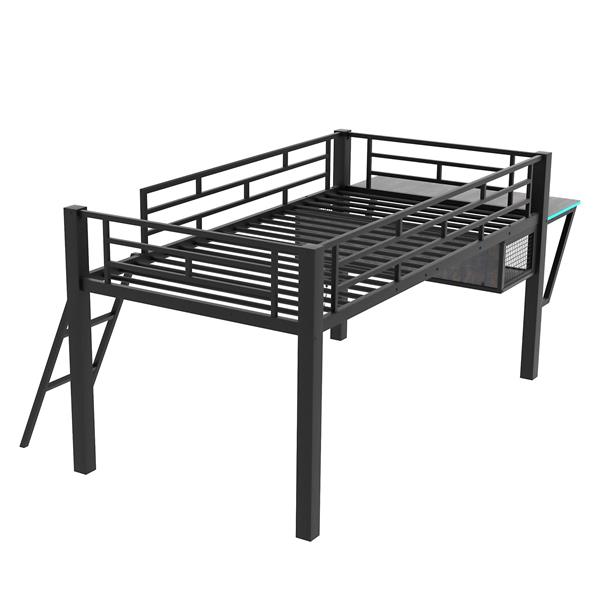 Gaming mid loft bed with desk, LED, Twin, Black