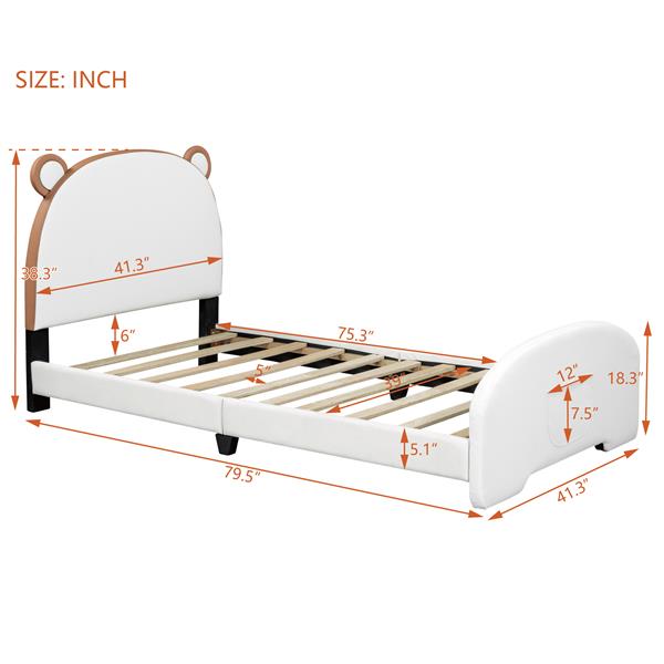 Twin Size Upholstered Platform Bed with Bear-shaped Headboard and Footboard,White+Brown