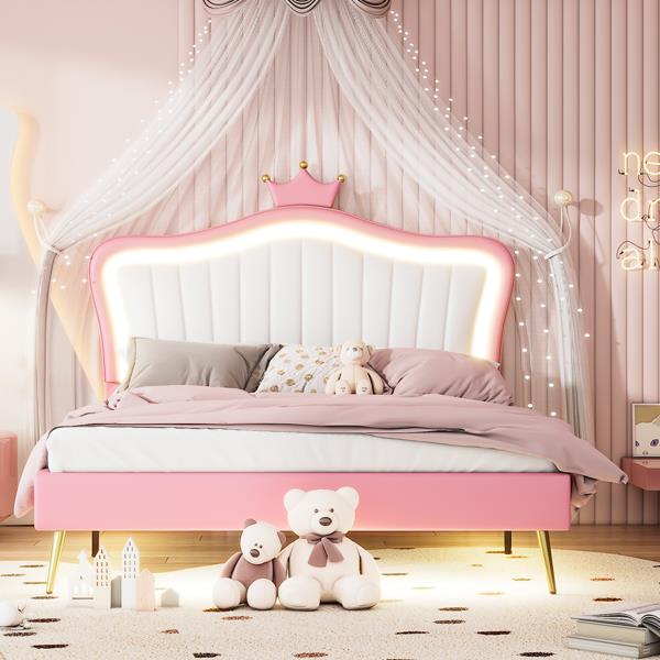 Queen Size Upholstered Bed Frame with LED Lights,Modern Upholstered Princess Bed With Crown Headboard,White+Pink