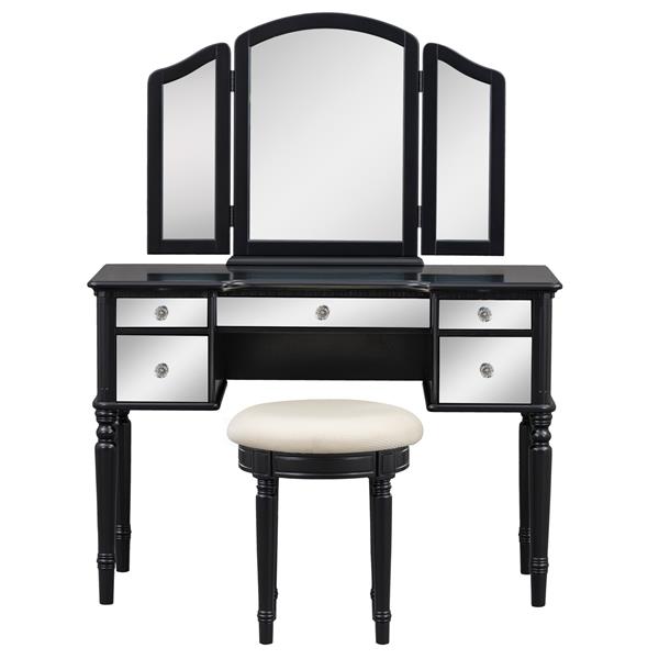 43" Dressing Table Set with Mirrored Drawers and Stool, Tri-fold Mirror, Makeup Vanity Set for Bedroom, Black