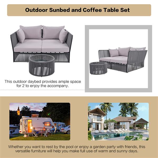 2-Piece Outdoor Sunbed and Coffee Table Set, Patio Double Chaise Lounger Loveseat Daybed with Clear Tempered Glass Table for the patio, poolside (Grey Cushion + Dark Grey Rope)