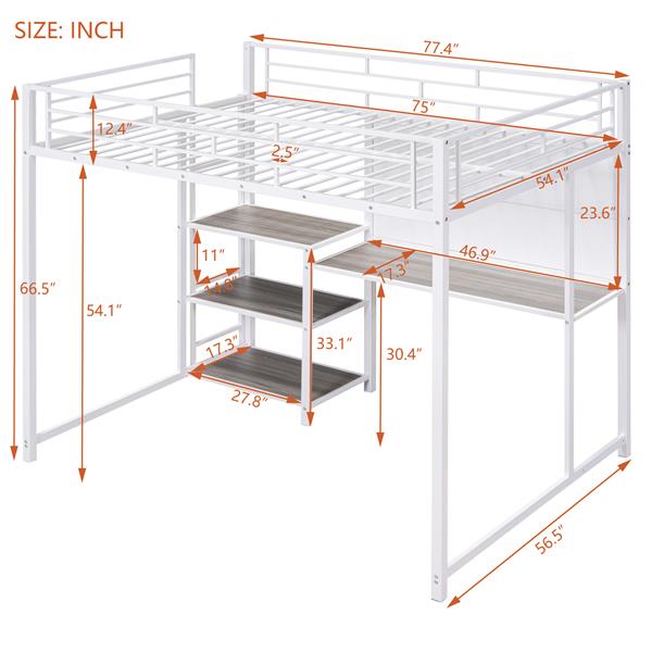 Full Size Loft Bed with Desk and Whiteboard, Metal Loft Bed with 3 Shelves and Ladder, White