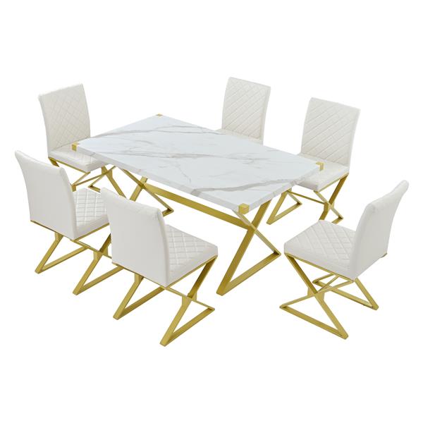 7-Piece Modern Dining Table Set, Rectangular Marble Texture Kitchen Table and 6 PU leather Chairs with X-Shaped ld Steel Pipe Legs for Dining Room (White)