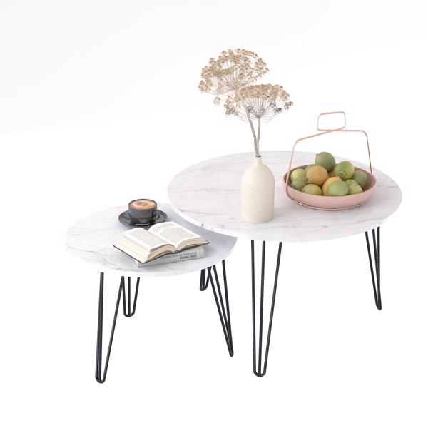 27.56'' Round Nesting Coffee Table Set of 2, Circular Nesting End Table Set, Round Marble Tabletop, and Sturdy Metal Base for Living Room, bedroom, White 