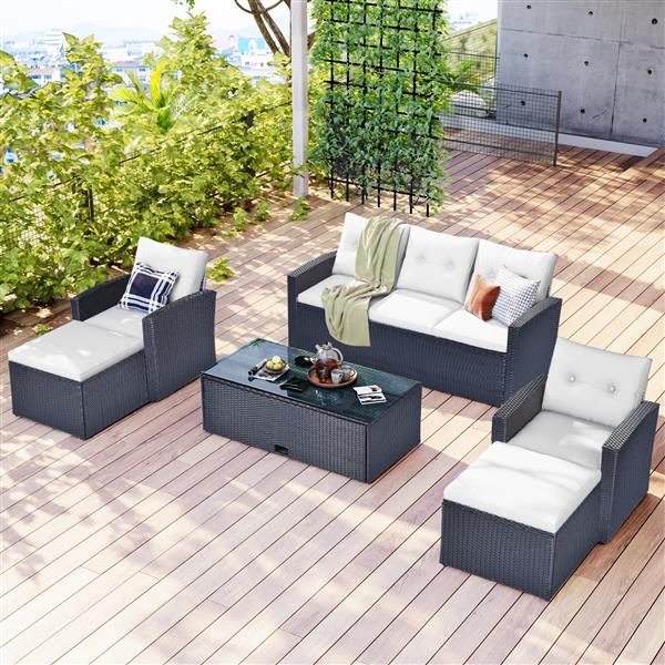 6-piece All-Weather Wicker PE rattan Patio Outdoor Dining Conversation Sectional Set with coffee table, wicker sofas, ottomans, removable cushions (Black wicker, Beige cushion)