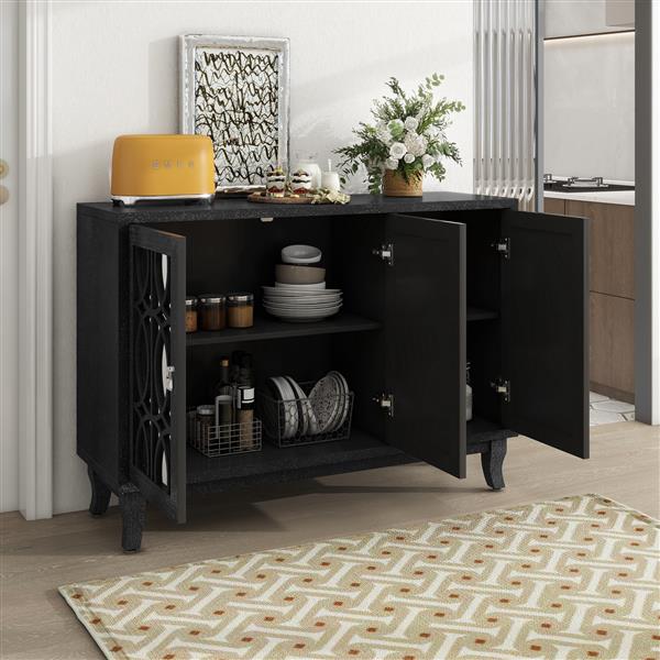 Sideboard with Glass Doors, 3 Door Mirrored Buffet Cabinet with Silver Handle for Living Room, Hallway, Dining Room (Black)