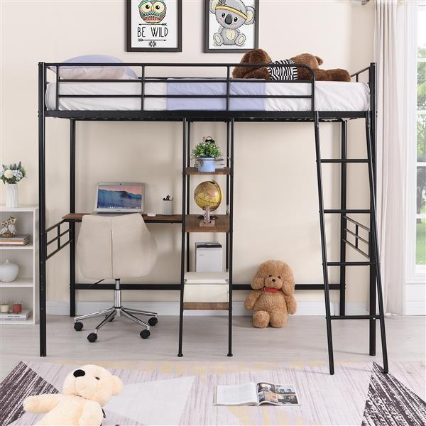 Twin Size Metal Loft Bed and Built-in Desk and Shelves,Black