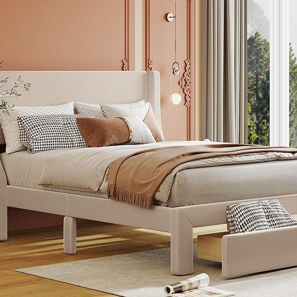 Full Size Storage Bed Velvet Upholstered Platform Bed with a Big Drawer - Beige