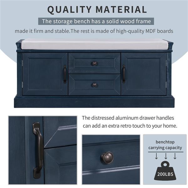 Storage Bench with 2 Drawers and 2 Cabinets, Shoe Bench with Removable Cushion for Living Room, Entryway (Antique Navy)