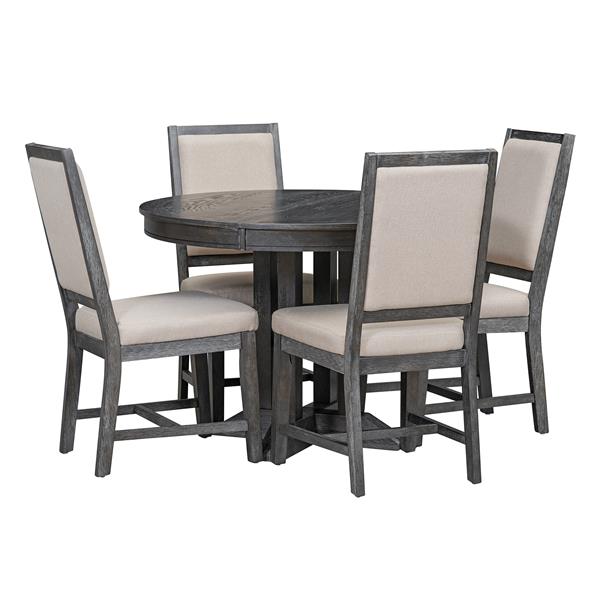 5-Piece Dining Set Extendable Round Table and 4 Upholstered Chairs Farmhouse Dining Set for Kitchen, Dining Room(Black)