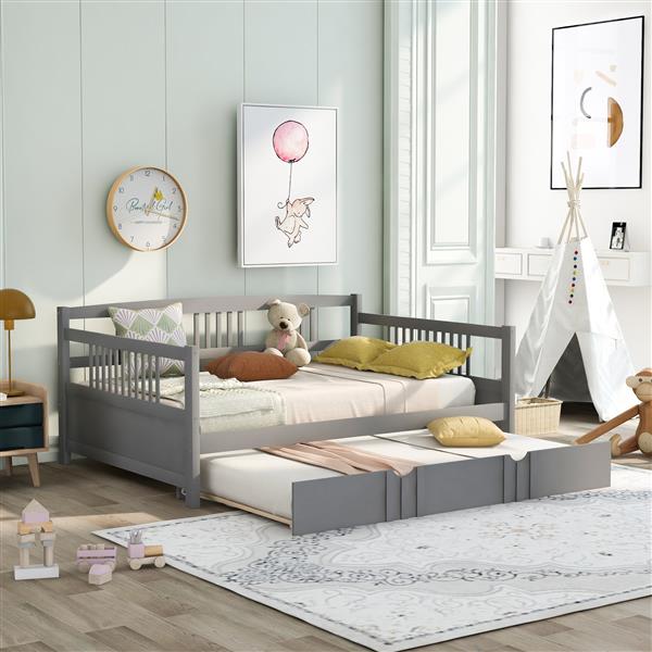 Full Size Daybed Wood Bed with Twin Size Trundle,Gray