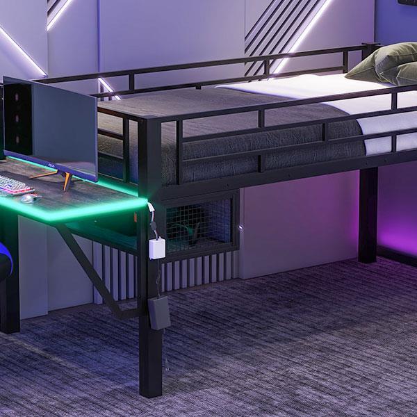 Gaming mid loft bed with desk, LED, Twin, Black