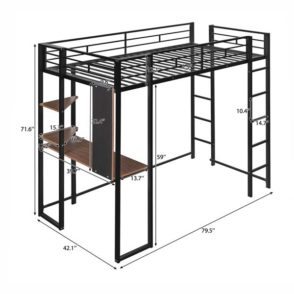 Twin Metal Loft Bed with 2 Shelves and one Desk ,BLACK