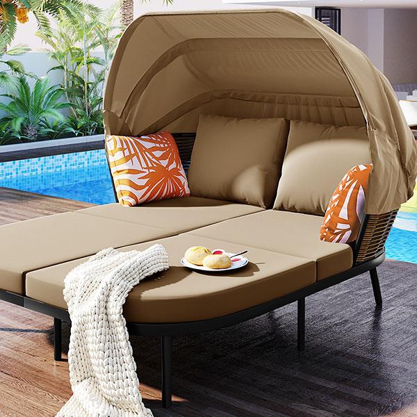 74.8" L Patio Daybed with Retractable Canopy, Outdoor Rattan PE Wicker Back Loveseat Sofa Set with Throw Pillows and Cushions for Backyard, Poolside, Garden, Brown