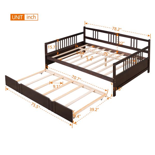 Full Size Daybed Wood Bed with Twin Size Trundle,Espresso