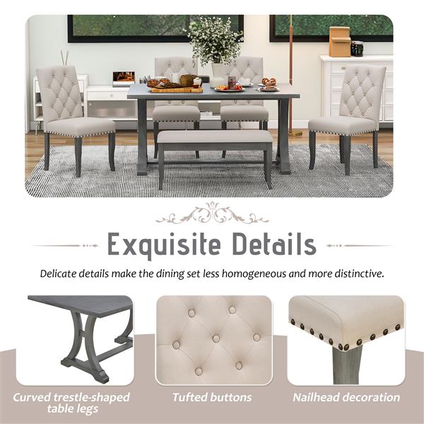 6-Piece Farmhouse Dining Table Set, Rectangular Trestle Table and 4 Upholstered Chairs & Bench for Dining Room (Antique Gray)