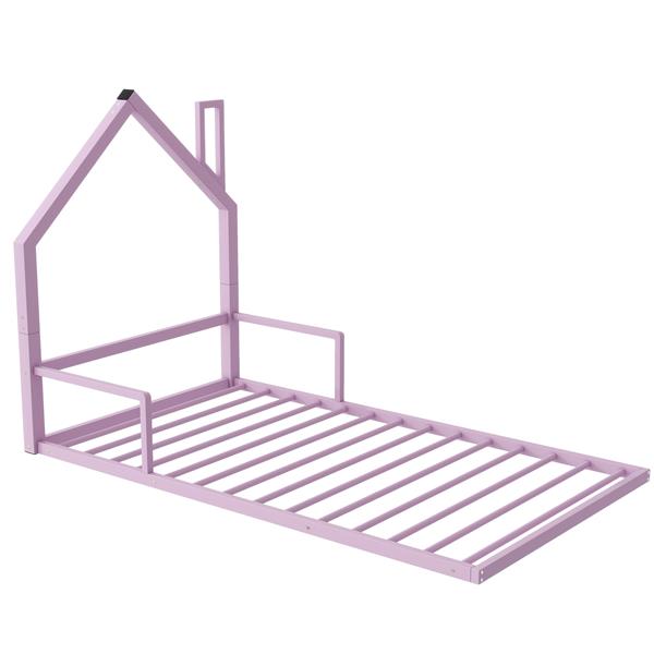 Twin Size Metal Floor Bed with House-shaped Headboard, Pink