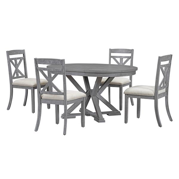 5-Piece Retro Functional Dining Table Set Extendable Round Table and 4 Upholstered Chairs for Dining Room and Living Room (Grey)