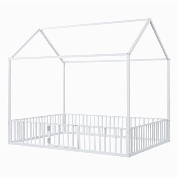 Full Size Metal House Bed with Fence and Door, White