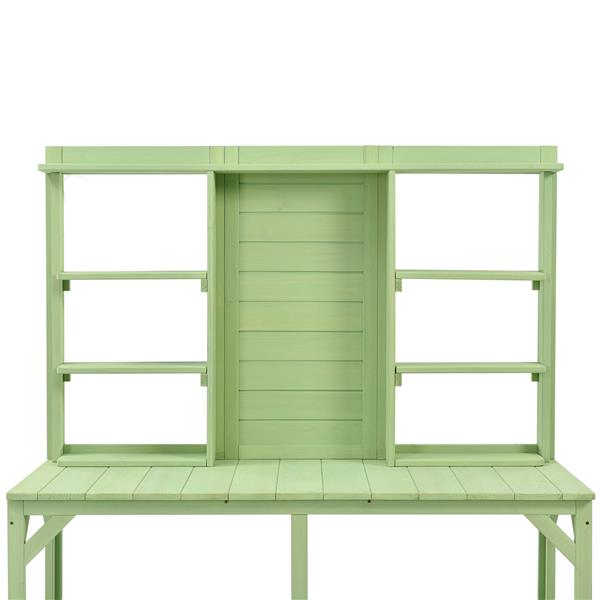 64.6" Large Outdoor Potting Bench, Garden Potting Table, Wood Workstation with 6-Tier Shelves, Large Tabletop and Side Hook for Mudroom, Backyard,Green