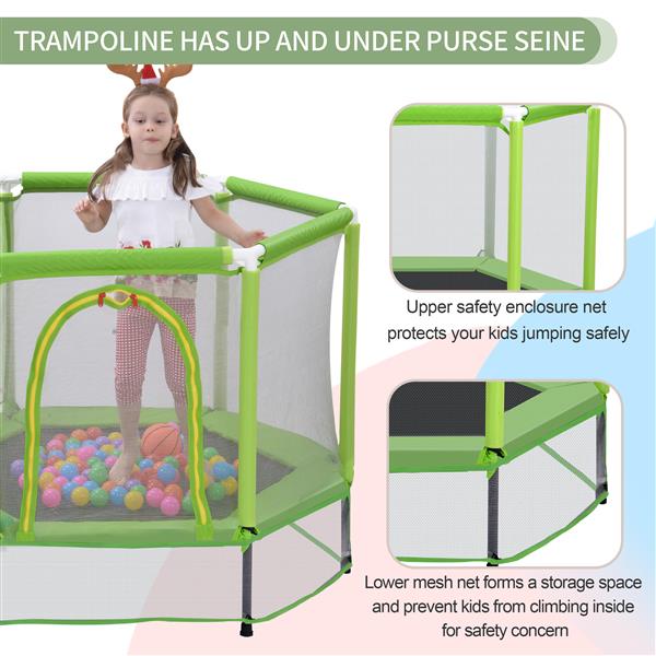 55'' Toddlers Trampoline with Safety Enclosure Net and Balls, Indoor Outdoor Mini Trampoline for Kids