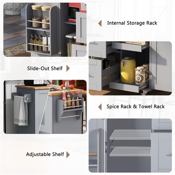 Rolling Kitchen Island with Storage, Kitchen Cart with Rubber Wood Top, 3 Drawer, 2 Slide-Out Shelf and Internal Storage Rack, Kitchen Island on Wheels with Spice Rack & Tower Rack, Grey Blue