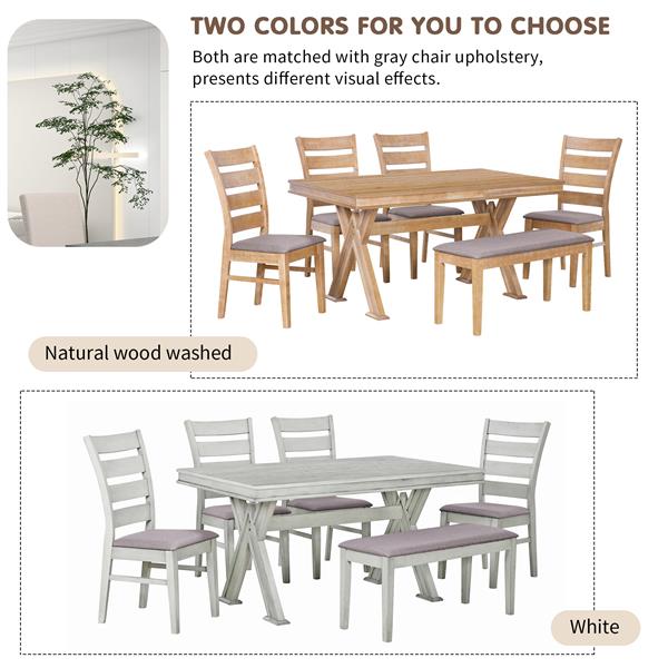 6-Piece Retro 59"L Rectangular Dining Table Set, Table with Unique Legs and 4 Upholstered Chairs & 1 Bench for Dining Room and Kitchen (Natural Wood Wash)