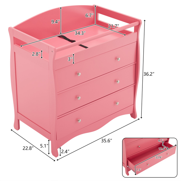 3-layer Drawer with Safety Belt Pink 90.5*58*92cm Wooden Bed Density Board Baby