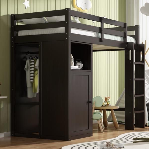 Twin Loft Bed with Wardrobe, Storage Shelves and Ladder, Espresso