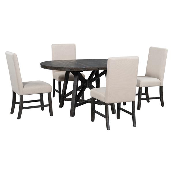 5-Piece Retro Functional Dining Set with Extendable Round Table with Removable Middle Leaf and 4 Upholstered Chairs for Dining Room and Living Room (Black)