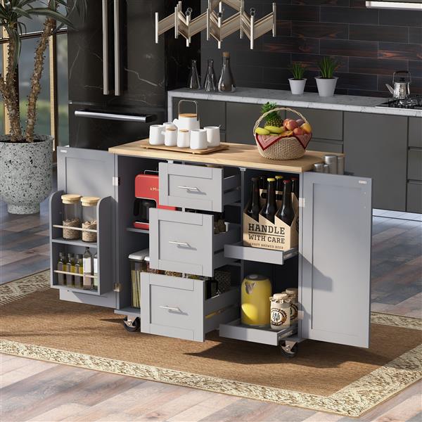 Rolling Kitchen Island with Storage, Kitchen Cart with Rubber Wood Top, 3 Drawer, 2 Slide-Out Shelf and Internal Storage Rack, Kitchen Island on Wheels with Spice Rack & Tower Rack, Grey Blue