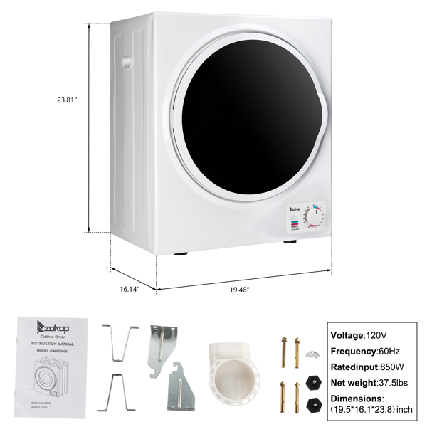 ZOKOP GYJ25-78 2.5KG Compact Portable Household clothes Dryer 1.6 cuf.t with Stainless Steel Drum Black and White 220V~240V MECHANICAL Control CE ROHS Certification