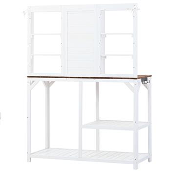 64.6\\" Large Outdoor Potting Bench, Garden Potting Table, Wood Workstation with 6-Tier Shelves, Large Tabletop and Side Hook for Mudroom, Backyard,White