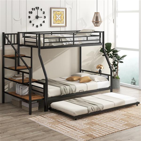 Twin over Full Size Metal Bunk Bed with Trundle and Storage Staircase, Black