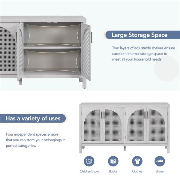 Large Storage Space Sideboard with Artificial Rattan Door and Metal Handles for Living Room and Entryway (Gray)