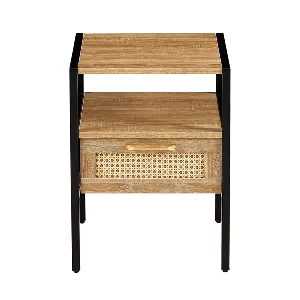 Set of 2, 15.75" Rattan End table with  drawer, Modern nightstand, metal legs,side table for living room, bedroom,natural