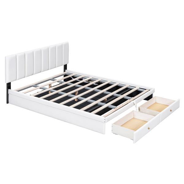 Queen Size Upholstered Bed with Hydraulic Storage System and Drawer, White