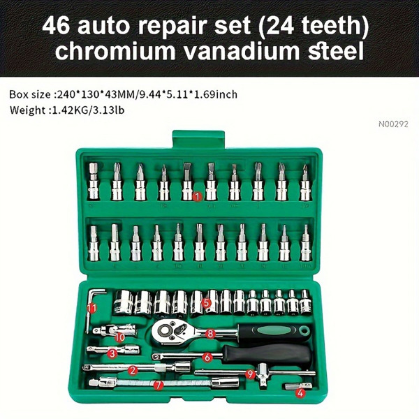 Saruu-46 Piece Drive Socket Set with Ratchet Wrench, Extension Bar, and Durable Case - 1/4" Drive, Versatile Pneumatic Tool Kit for Auto & Home Repair, Made with Premium Metal Materials