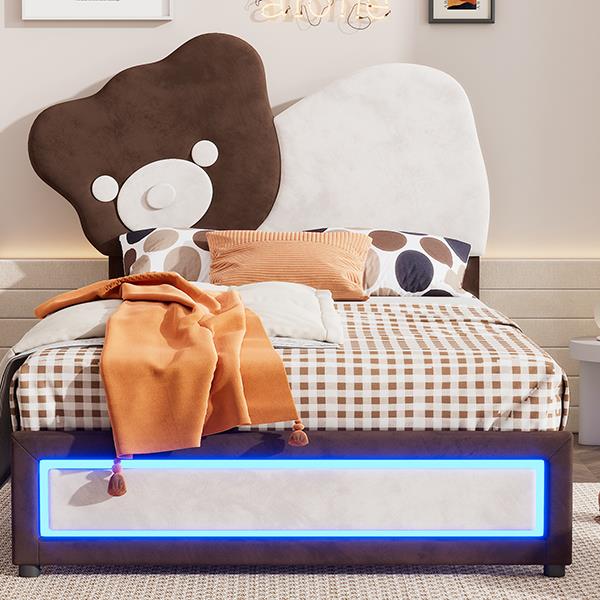 Twin Size Upholstered Platform Bed with Bear Shaped Headboard, LED Light Strips, White + Brown