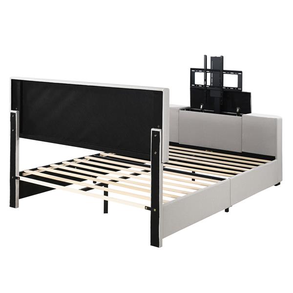 Queen Size Upholstery TV Platform Bed Frame with Height- adjustable Headboard and Support Legs,Beige