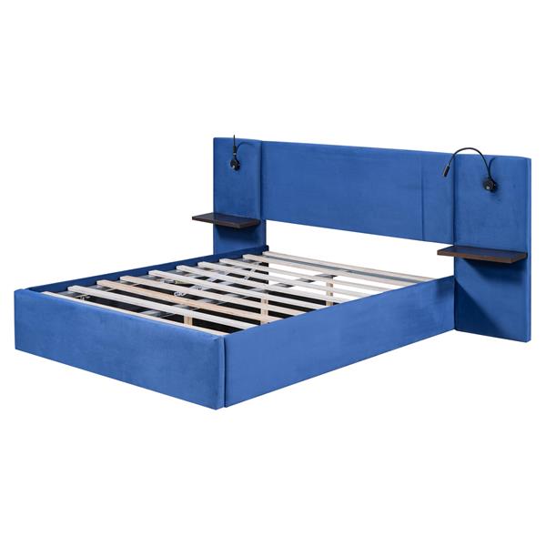 Full Size Storage Upholstered Hydraulic Platform Bed with 2 Shelves, 2 Lights and USB, Blue