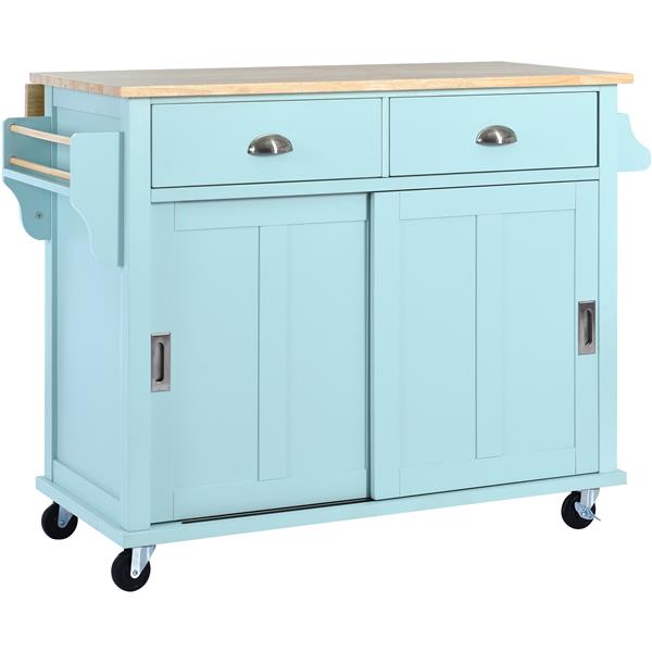 Kitchen Cart with Rubber wood Drop-Leaf Countertop, Concealed sliding barn door adjustable height,Kitchen Island on 4 Wheels with Storage Cabinet and 2 Drawers,L52.2xW30.5xH36.6 inch, Mint Green