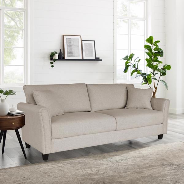 Off White Linen, Three-person Indoor Sofa, Two Throw Pillows, Solid Wood Frame, Plastic Feet