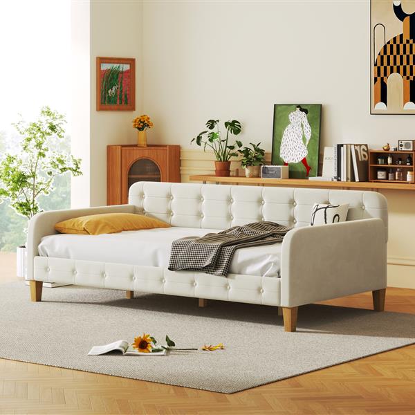 Twin Size Upholstered Daybed with 4 Support Legs, White