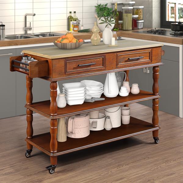 56 inch Rolling Kitchen Island with Storage,Kitchen Cart with Solid OAK Wood Top,Two-sided Kitchen island Cart on Wheels , Wine and Spice Rack, Large Kitchen Cart with 2 Drawers, Walnut+Natural Top